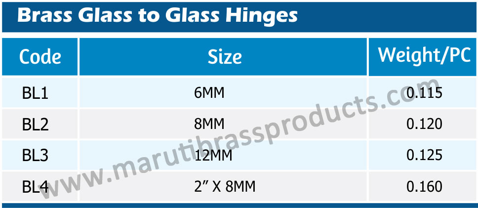 Brass Glass to Glass Hinges Size